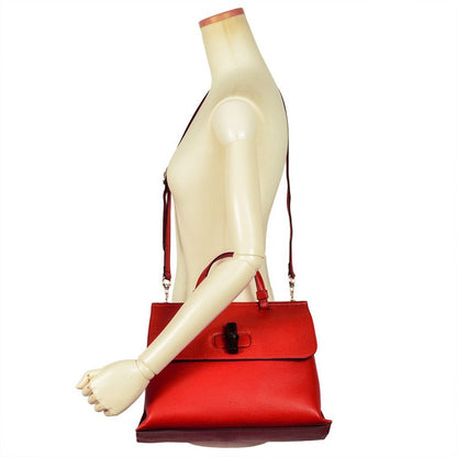 Gucci Daily Handbag 2WAY Leather Bamboo 370831 Red Silver Hardware Women