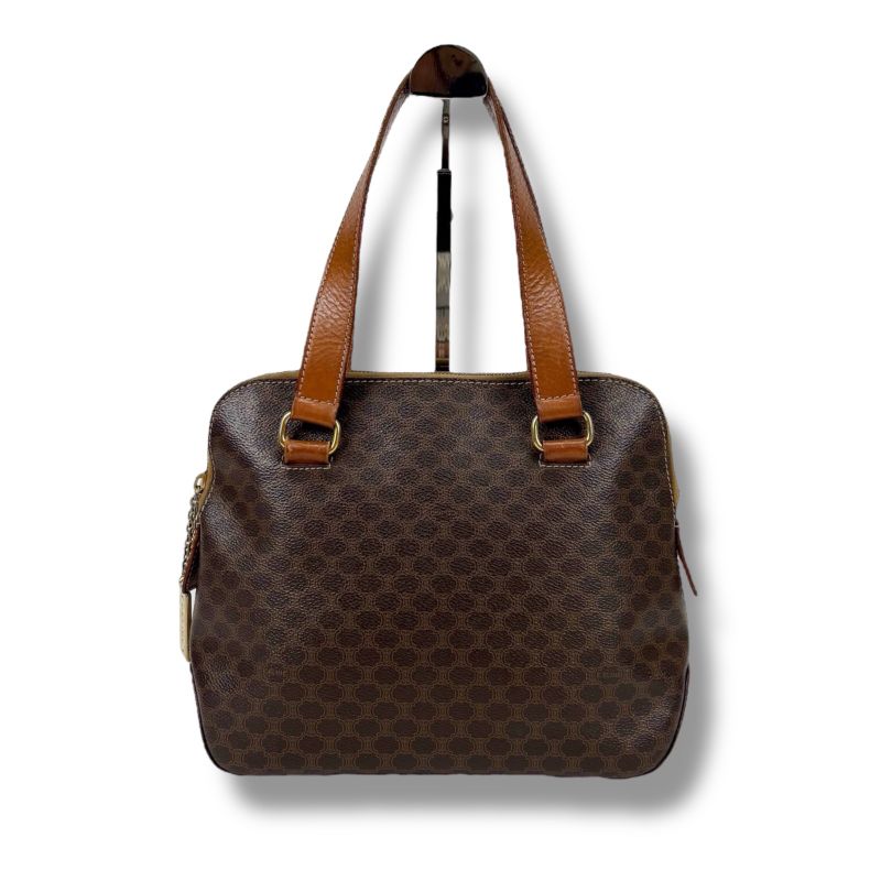 Celine Mini Tote Handbag With Macadam Pattern Triomphe Brown Pvcleather Charm