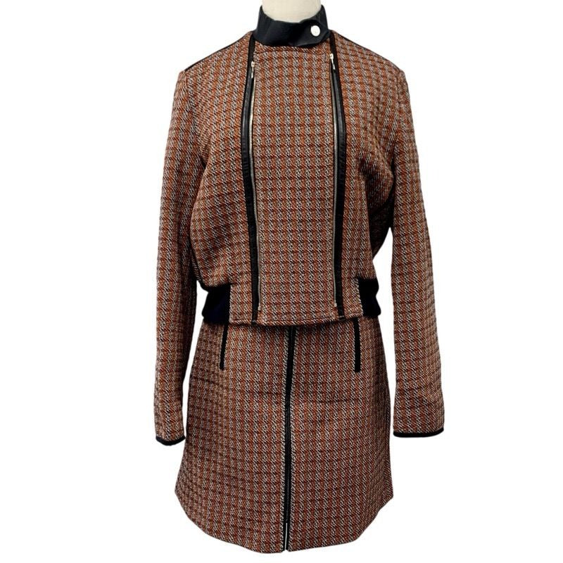 Hermes Set Suit Wool Orange Black White Jacket Skirt Check