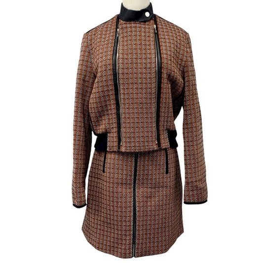 Hermes Set Suit Wool Orange Black White Jacket Skirt Check