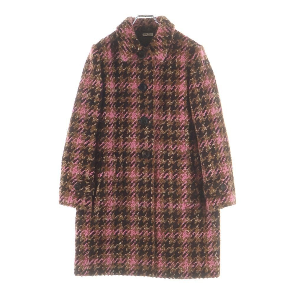 Miu Miu Wool Tweed Check All Over Pattern Stainless Steel Coat Brown Pink
