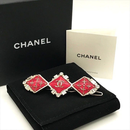 Chanel CC Logo Stone Cross Diamond Hair Clip Barrette Pink