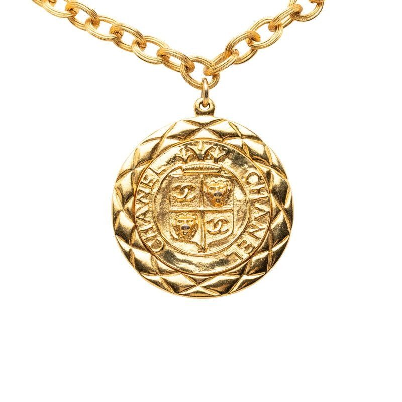 Chanel CC Logo Lion Motif Long Necklace Gold Plated