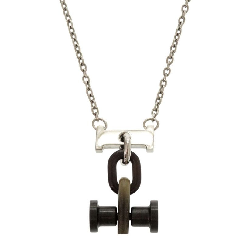 Hermes Mobil H Metal Buffalo Horn Silver Necklace Pendant 1081