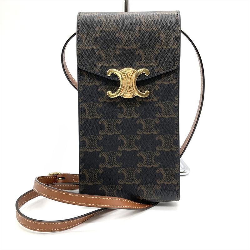 Celine Triomphe Mobile Pouch Pochette Leather Brown Gold Hardware Signature