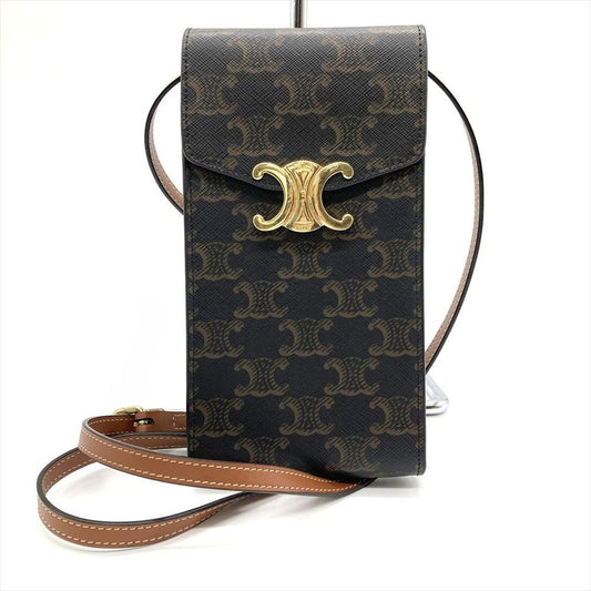 Celine Triomphe Mobile Pouch Pochette Leather Brown Gold Hardware Signature