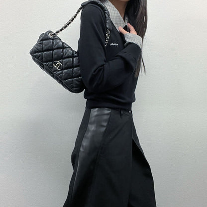Chanel CC Logo Bubble Quilt Chain Shoulder Bag Black Leather Vintage