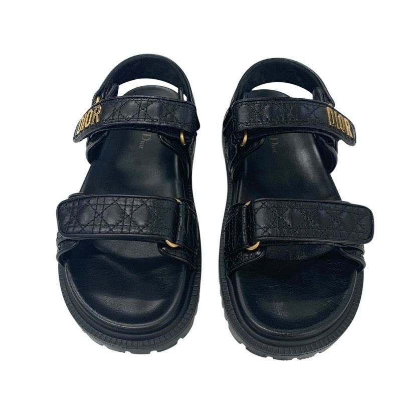 Christian Dioract Sandals Shoes Calfskin Black Gold Logo Cannage Quilted Sports