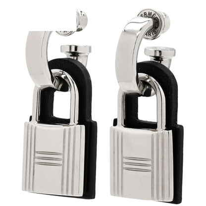 Hermes Earrings O'Kelly Metal Veau Swift Black Silver Cadena Shape Hoop