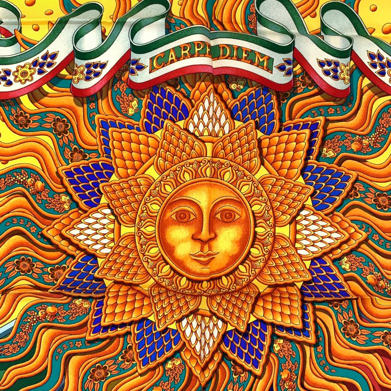 Grade Hermes Scarf Carre 90 Carpe DIEM Enjoy The Day Yellow Sun Moon Stars