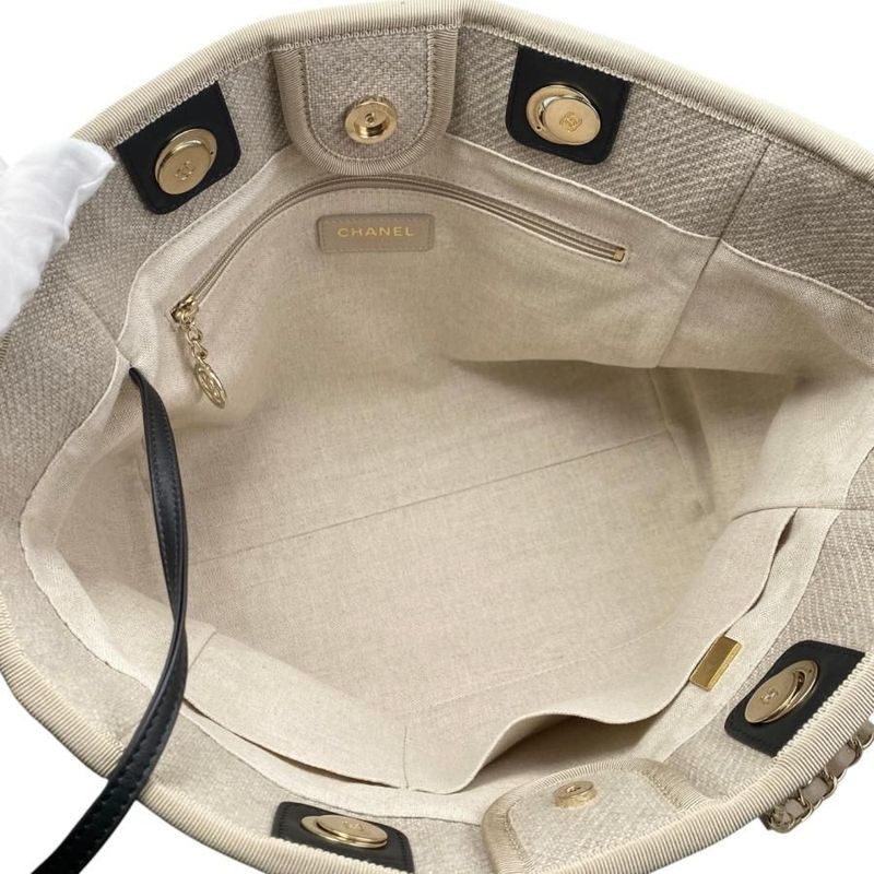 Chanel Tote Bag Deauville MM A67001 Canvas Chain Logo Beige Black Gold Hardware