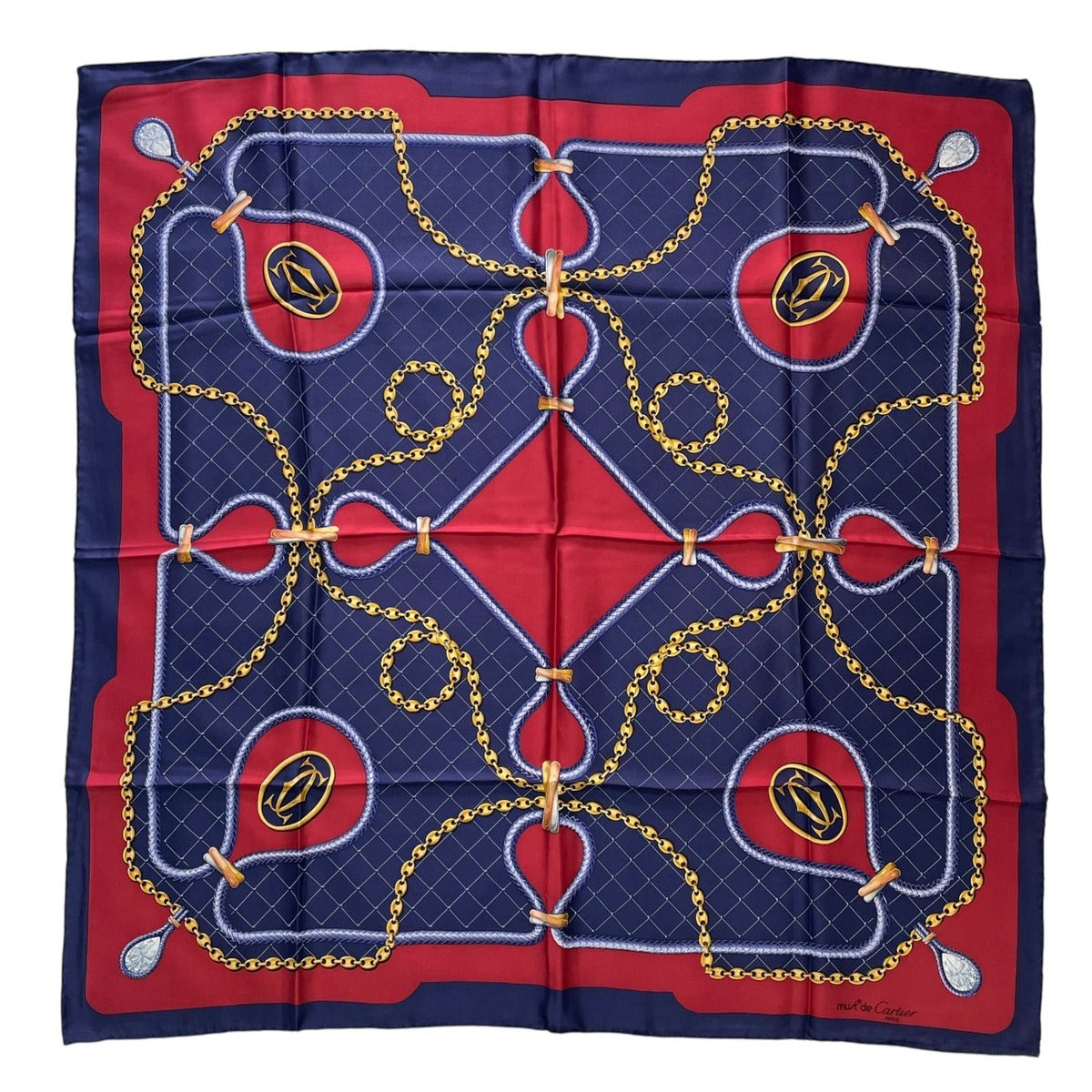 Cartier Scarf Silk Chain Logo Navy Red