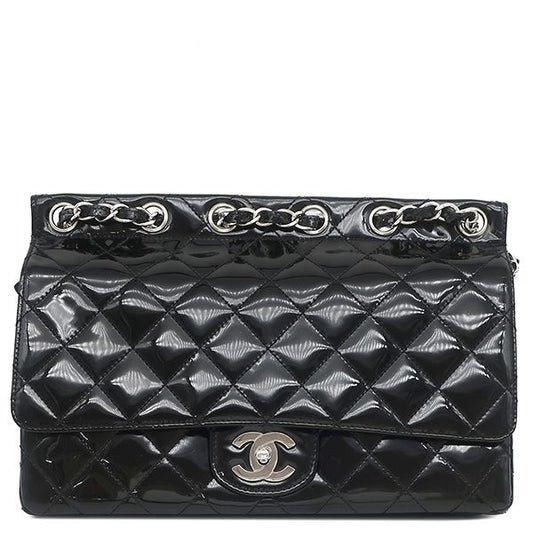 Chanel Shoulder Bag Quilted Chain Leather Black Silver Patent 10