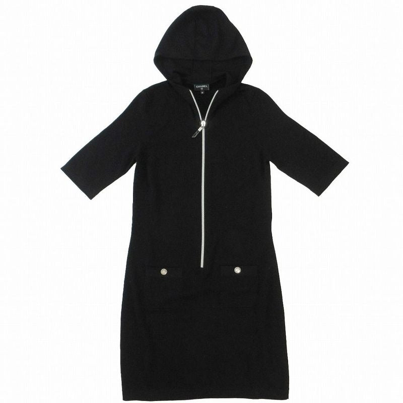 Chanel Half Zip Cashmere Blend Dress Coco Logo Button Black Size