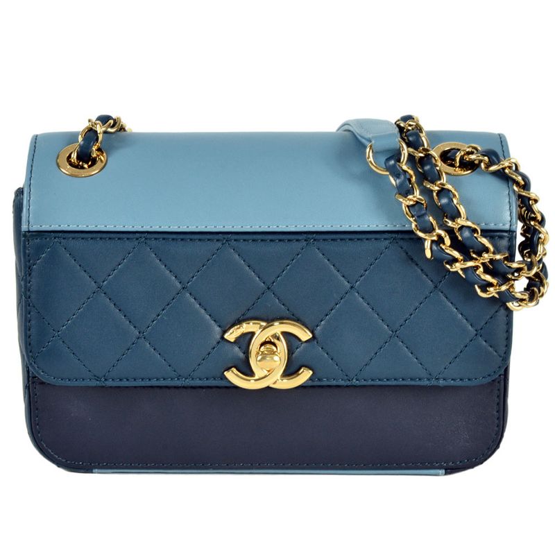 Chanel Matelasse Flap Chain Shoulder Bag Lambskin Blue Gold Hardware