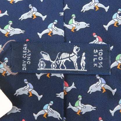 Hermes 5241 SA 100% Silk Dolphin All Over Pattern Wide Tie Marine Made In