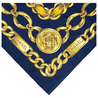 Chanel Scarf Navy Chain-patterned Silk Navy