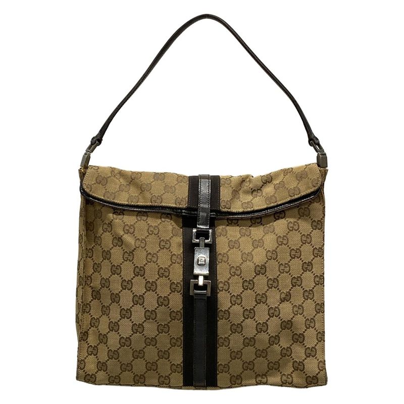 Gucci Handbag Jackie/gg Pattern 13355 Dark Brown And Beige Leather