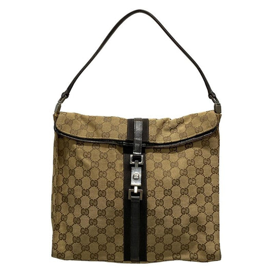 Gucci Handbag Jackie/gg Pattern 13355 Dark Brown And Beige Leather