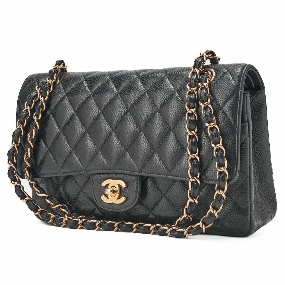 Chanel Chain Shoulder Bag Matelasse Double Flap 25 Caviar Skin Black (gold