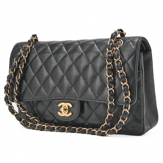 Chanel Chain Shoulder Bag Matelasse Double Flap 25 Caviar Skin Black (gold