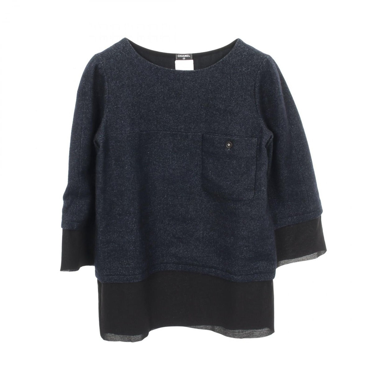 Chanel CC Logo Button Fabric Cashmere Top Shirt Navy Black