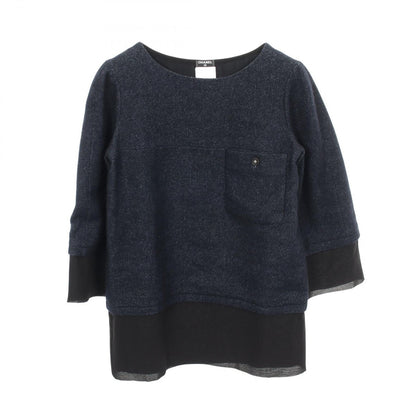 Chanel CC Logo Button Fabric Cashmere Top Shirt Navy Black