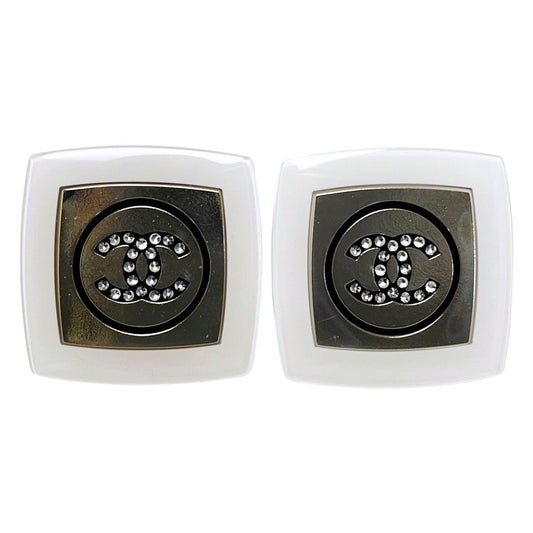 Chanel Resin Rhinestone White Gold Accessories Earrings