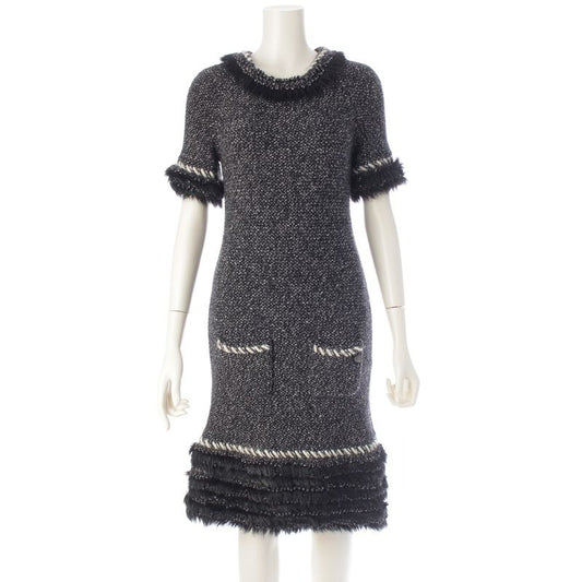 Chanel Cashmere Wool Coco Mark Fur Dress Gray 36