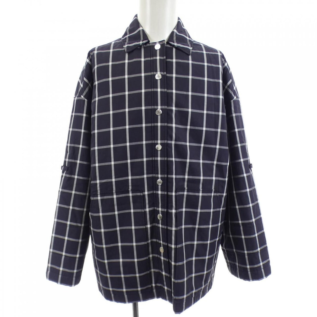 Hermes Button Coat Navy Gray White Check