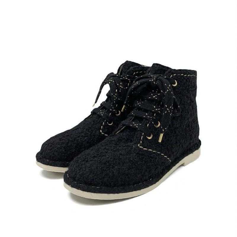 Chanel Boots Short Shoes Tweed Black Gold Coco Mark Lace Up