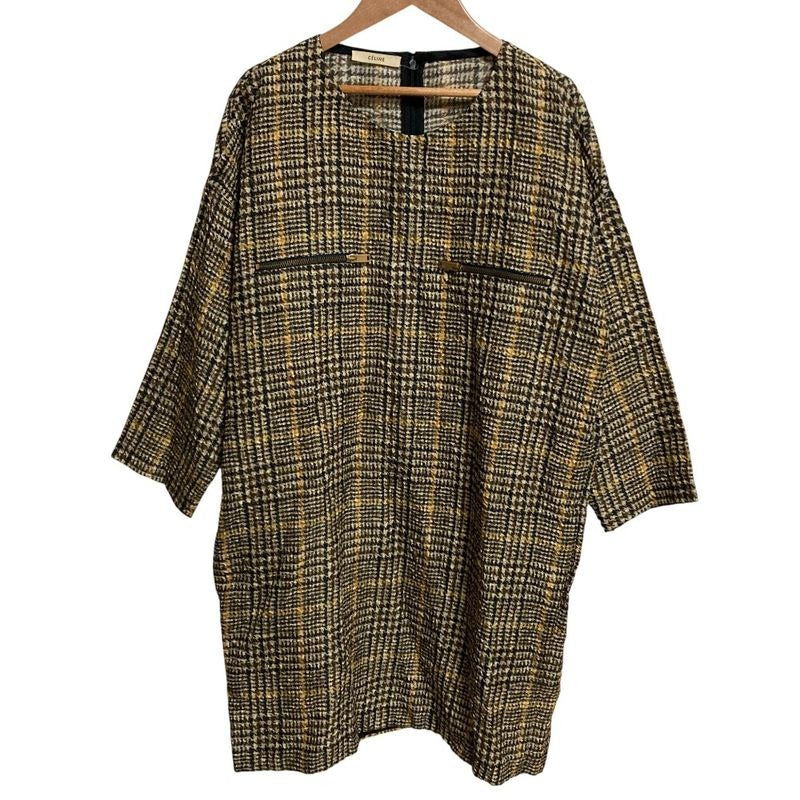 Celine Check Transfer Print Silk Mini Dress Size 40 Brown Beige