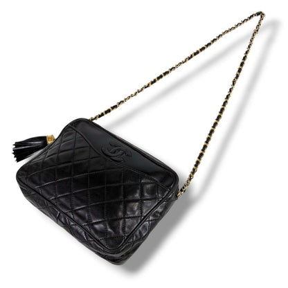 Chanel Quilted Chain Shoulder Bag with Tassel Charm CC Logo Black Lambskin — view 2
