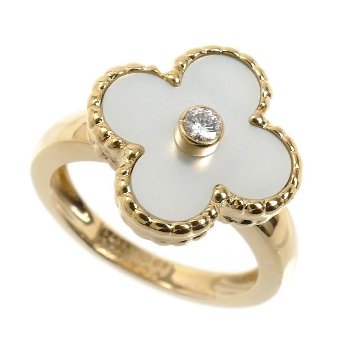 Van Cleef & Arpels 18k Yellow Gold Vintage Alhambra Shell Diamond Ring 49