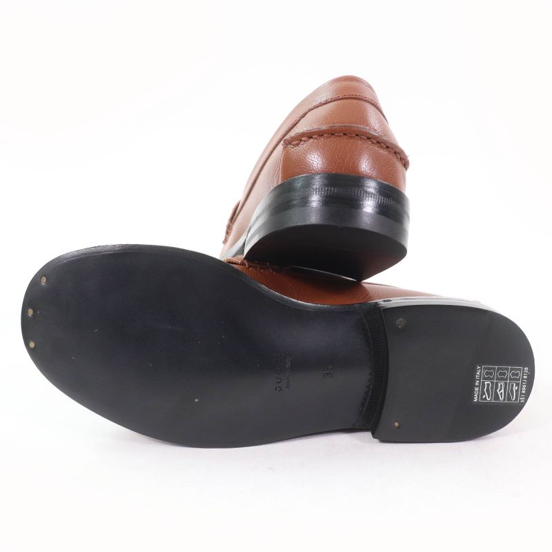 Gucci 700036 Logo Metal Leather Loafer Brown Gold Hardware 35 With Box And