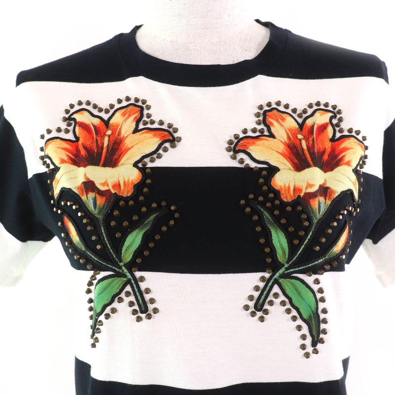 Gucci 422730 100% Cotton Mare Gothicum Flower Studded Striped Crew Neck Short