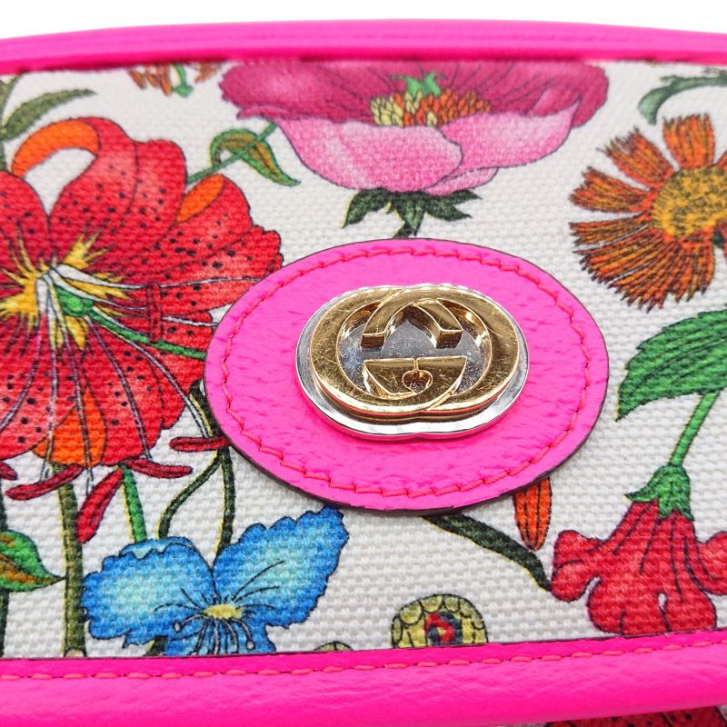 Gucci Flora Shoulder Bag Crossbody Pink Canvas With Floral Pattern