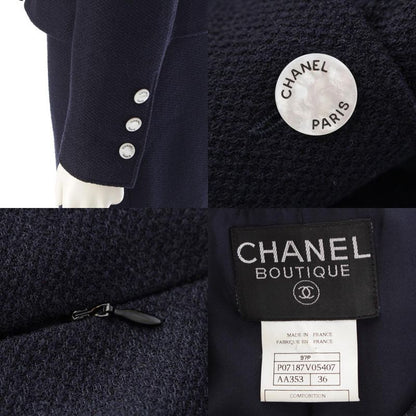 Chanel 97P Wool And Nylon Collarless Jacket Skirt Set-up P07187v05407 Navy 36