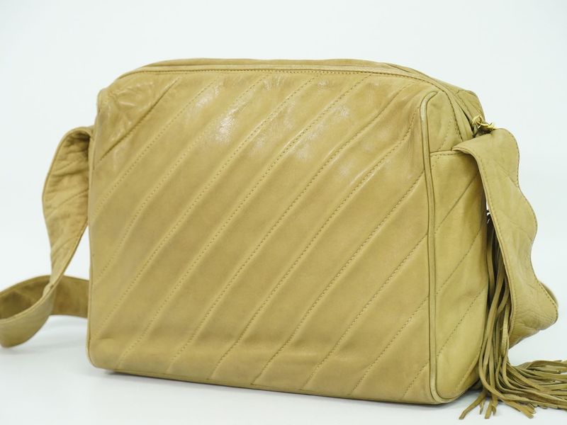 Authentic Chanel Coco Mark Tassel Shoulder Bag Pochette Lambskin Leather Beige