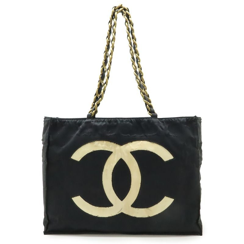 Chanel Chain Shoulder Big Tote Bag Nylon Black White Gold Hardware
