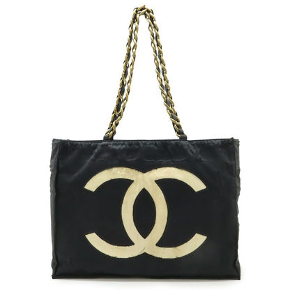 Chanel Chain Shoulder Big Tote Bag Nylon Black White Gold Hardware