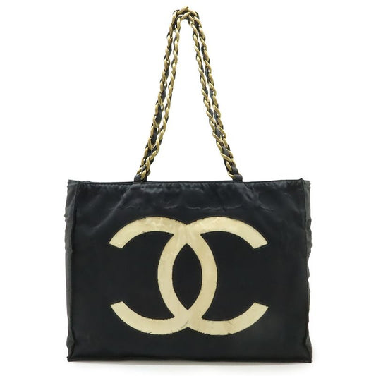 Chanel Chain Shoulder Big Tote Bag Nylon Black White Gold Hardware