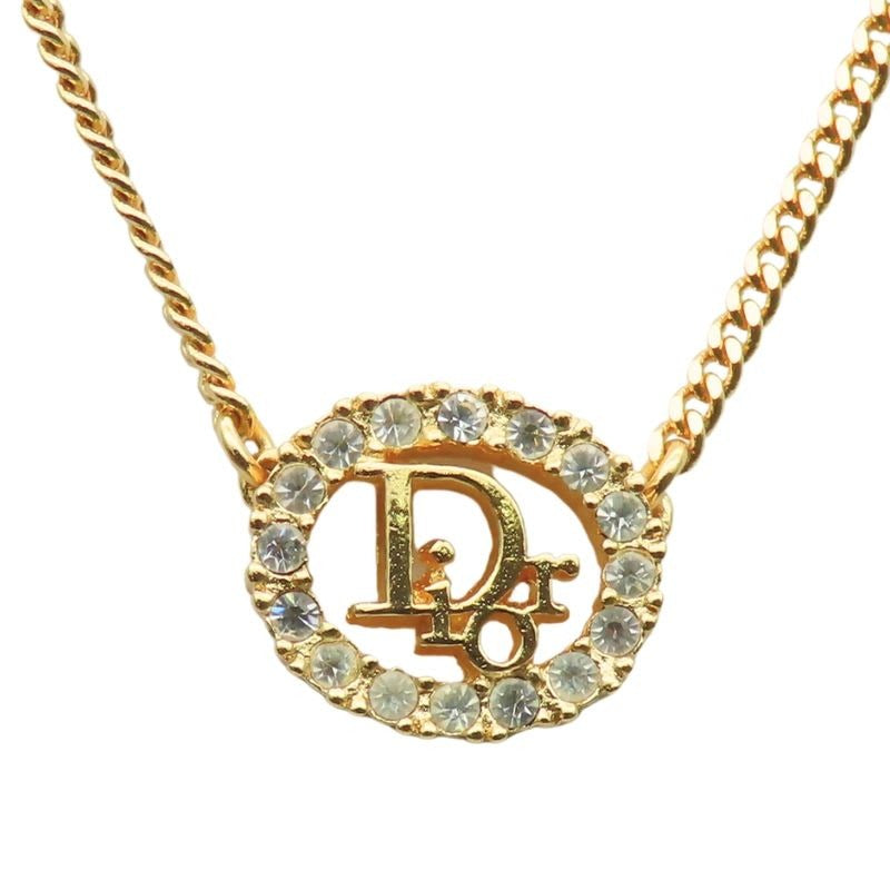 Christian Dior Necklace Logo Metal Rhinestone Gold Plated GP Accessories