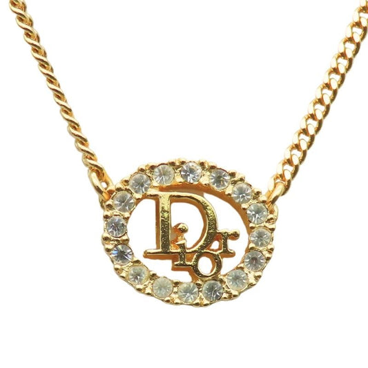 Christian Dior Necklace Logo Metal Rhinestone Gold Plated GP Accessories