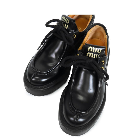 Miu Miu Lace Up Shoes Black Leather Thick Sole Logo Loafers