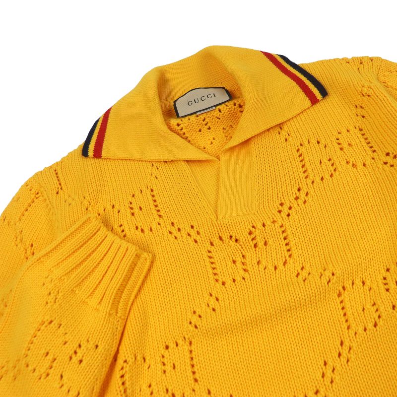Gucci 737654 100% Cotton Perforated GG Webline Sweater Long Sleeve Knit Yellow