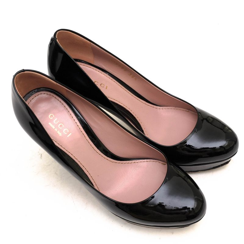 Gucci Pumps Shoes Women Women's Enamel Patent Leather Genuine Black Plain Toe