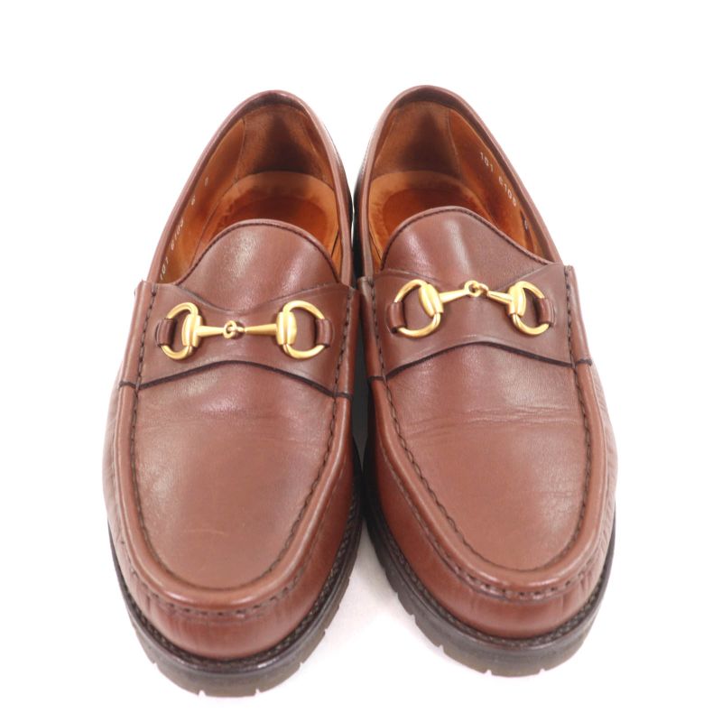 Gucci 101 6105 Horsebit Leather Loafer Shoes Brown Gold Hardware 6 With Box And