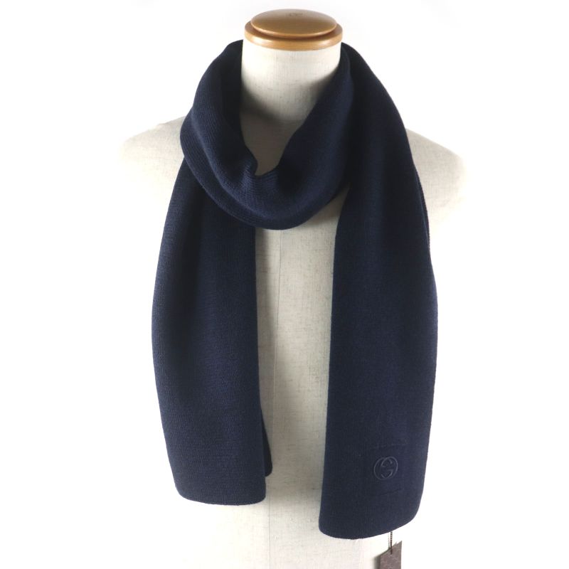 Gucci 550601 Interlocking G Embroidered 100% Wool Knit Scarf Navy Made