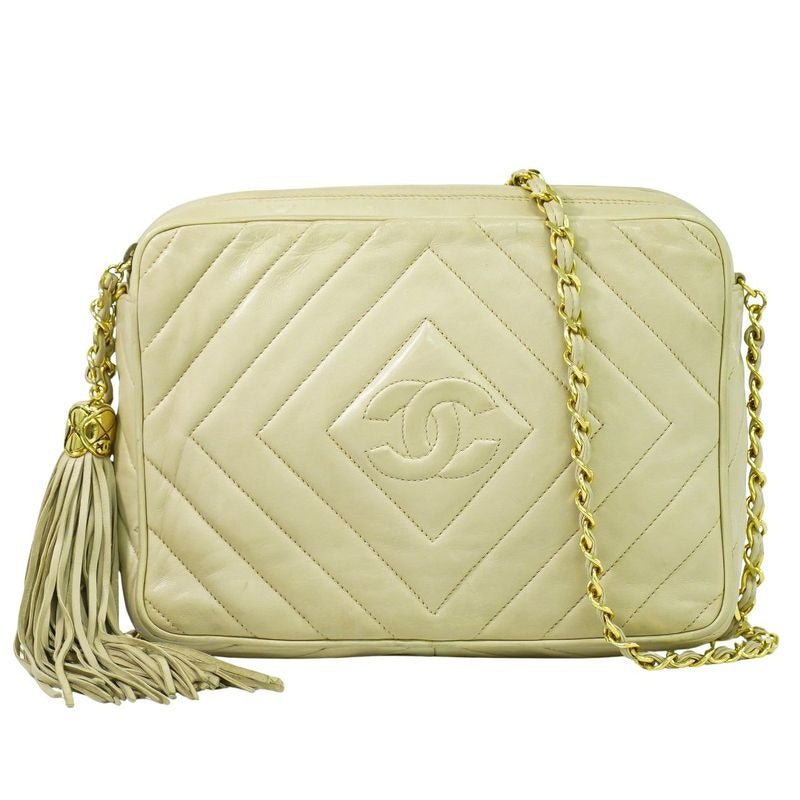 Chanel Tassel Shoulder Bag Pochette Lambskin Leather Beige